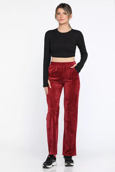 GÜLSELİ Pantaloni de damă din catifea bordeaux cu picior largi