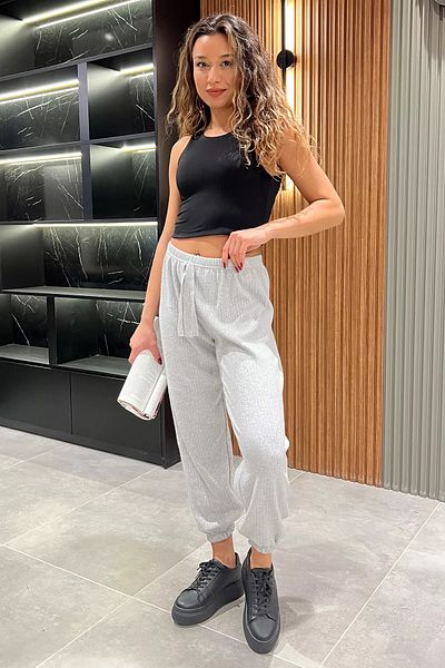 GÜLSELİ Gray Ribbed Elastic Trousers