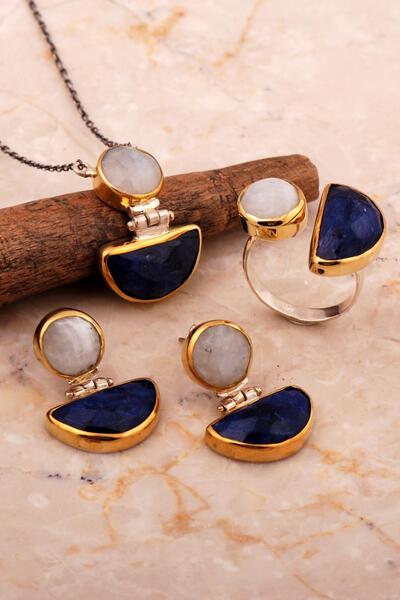 Sümer Telkari Safir ve Ay Taşlı Tasarım Elişi Gümüş Set 2788