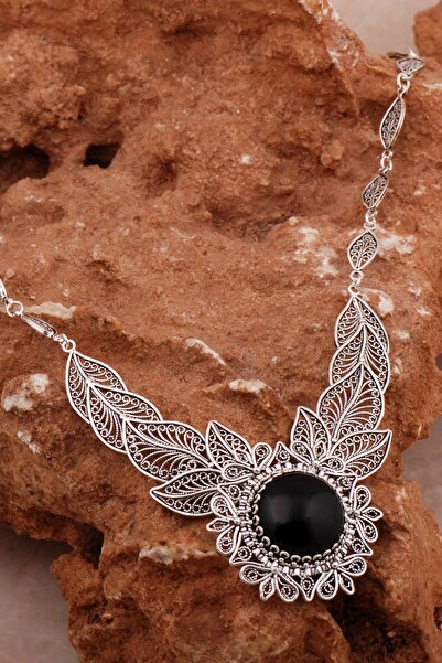 Sümer Telkari Onix Telkari İşlemeli Gümüş Yaprak Gerdanlık Kolye 8010