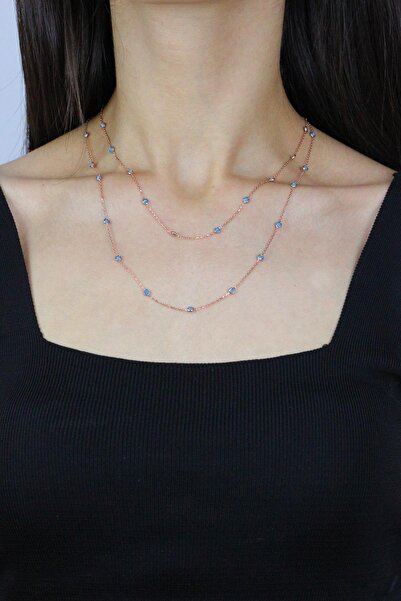 Sümer Telkari Turkuaz Taşlı 92 Cm Rose Gümüş Kolye 7257