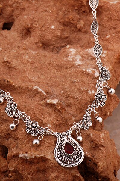 Sümer Telkari Yakut Laleli Telkari İşlemeli Gümüş Gerdanlık Kolye 8013