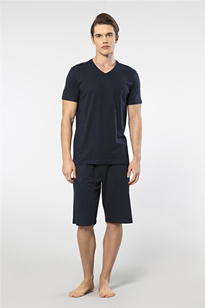 Cacharel 2193 Чоловічий піжамний комплект з коротким рукавом, V-подібним коміром і шортами - темно-синій