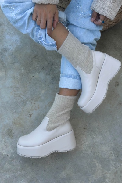 Shoebutik Glumb Bej Triko Strech Kadın Bot