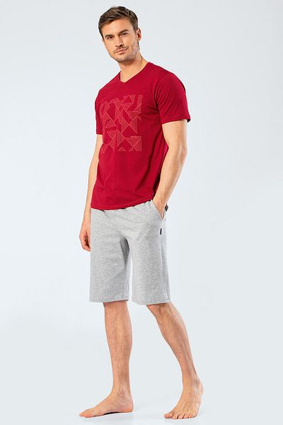 Cacharel 2199 Men's Printed V-Neck Bermuda Shorts Pajama Set - Claret Red