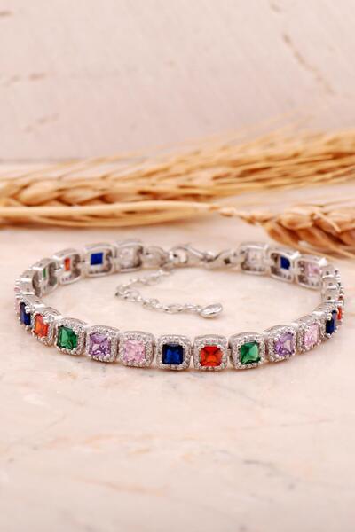 Sümer Telkari Kare Kesim Pırlanta Montürlü Rodyumlu Gümüş Bileklik 4476