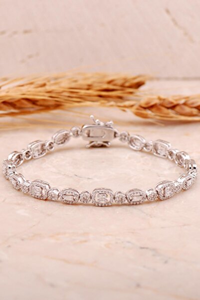 Sümer Telkari Baget Pırlanta Montürlü Rodyumlu Gümüş Bileklik 4455