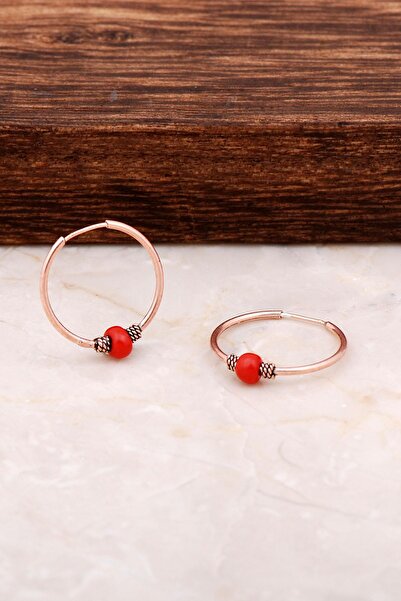 Sümer Telkari Rose Gümüş 18 Mm Mercan Taşlı Halka Küpe 4766