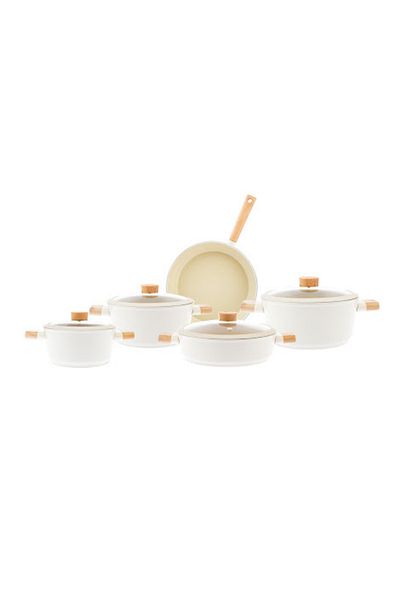AVCI HOME MAKER 9 Piece Swiss Crystal Ceramic Cookware Set: 3 deep, 1 low casserole,frypan, wood handles, glass lids