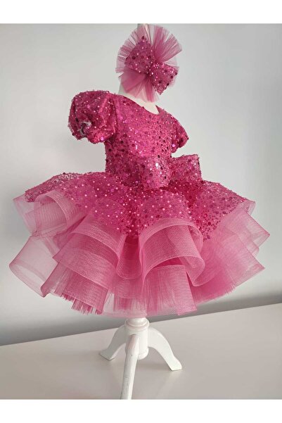 GOLD TEKSTİL Payetli Fuşya Bebek Elbisesi Özel Gün Abiye Elbise