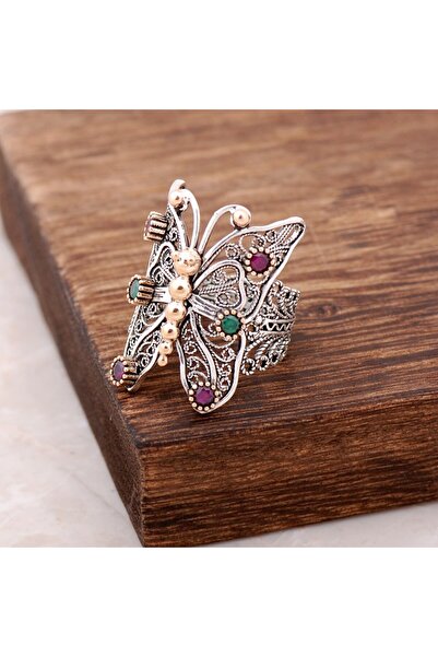 Sümer Telkari Zümrüt Yakut Taşlı Telkari İşlemeli Kelebek Gümüş Yüzük 2499