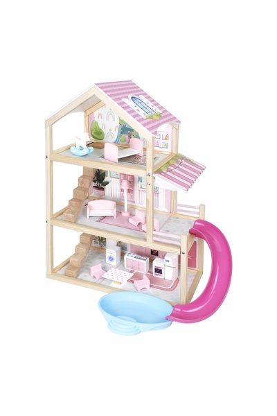 Doğan Oyuncak Dünyası Lüx Ahşap Kaydıraklı Oyun Evi - Ahşap Tatil Evi - Havuz...