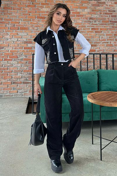 GÜLSELİ Women's Black Velvet Ribbed Wide Leg Trousers