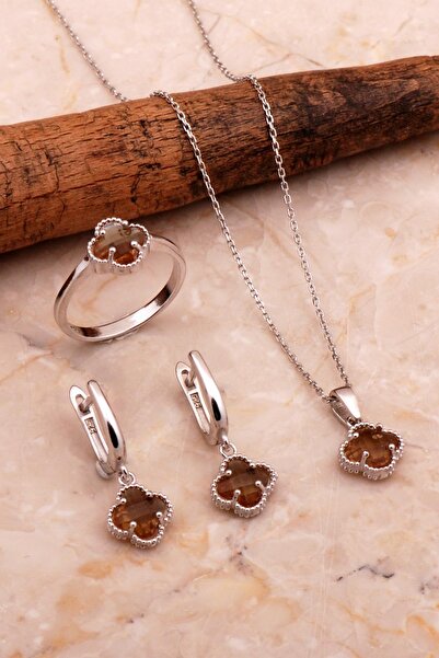 Sümer Telkari Renk Değiştiren Sultan Taşlı Rodyumlu Yonca Gümüş Set 2772