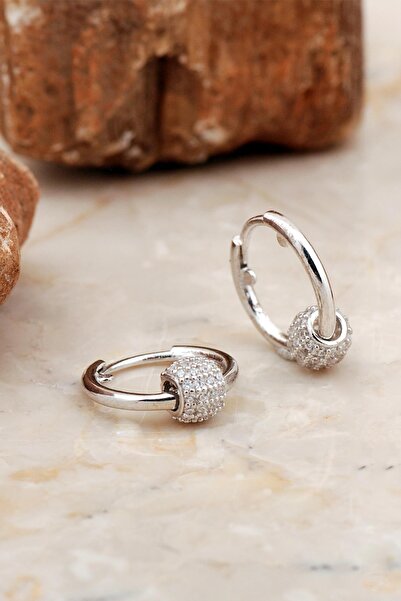 Sümer Telkari Taşlı Top Tasarım Rodyumlu Gümüş Halka Küpe 6958