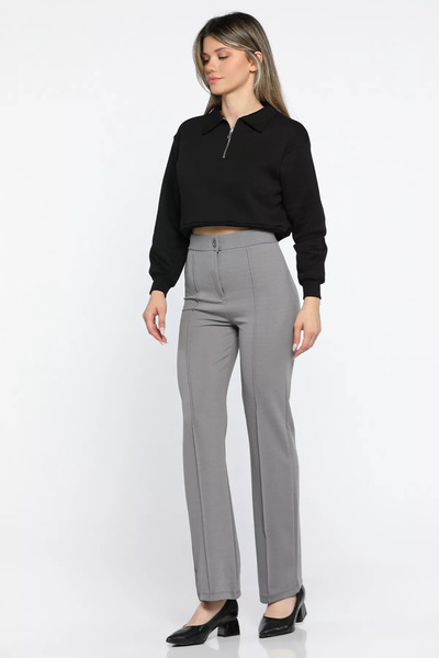 GÜLSELİ Gray Women's High Waist Front Grass Trousers