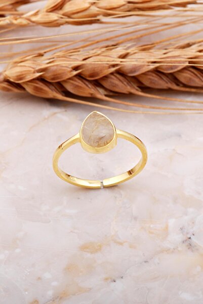 Sümer Telkari Sarı Rutil Kuvars Taşlı Damla Altın Yaldızlı Gümüş Yüzük 3680