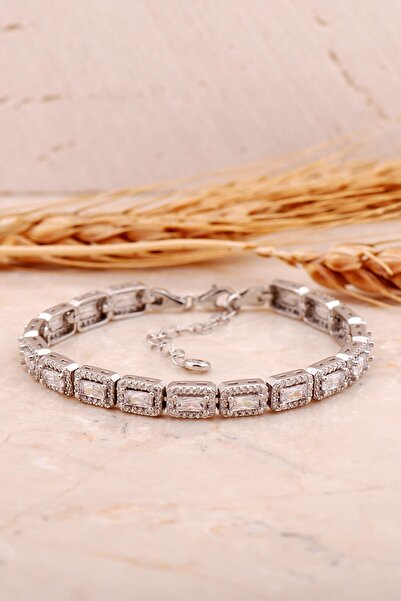 Sümer Telkari Baget Pırlanta Montürlü Rodyumlu Gümüş Bileklik 4474