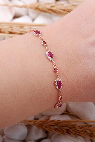 Sümer Telkari Kök Yakut Damla Montürlü Rose Gümüş Bileklik 3901