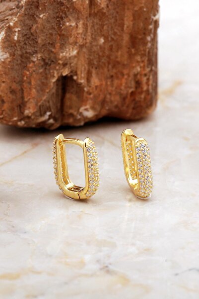 Sümer Telkari Tamtur Taşlı Altın Kaplama Dikdörtgen Gümüş Küpe 7010