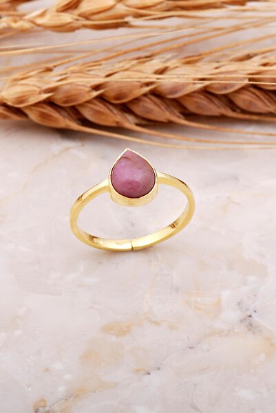 Sümer Telkari Rodonit Taşlı Damla Altın Yaldızlı Gümüş Yüzük 3683