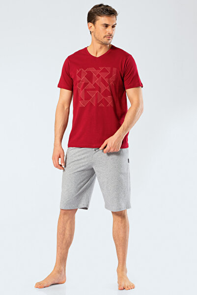 Cacharel 2199 Men's Printed V-Neck Bermuda Shorts Pajama Set - Claret Red