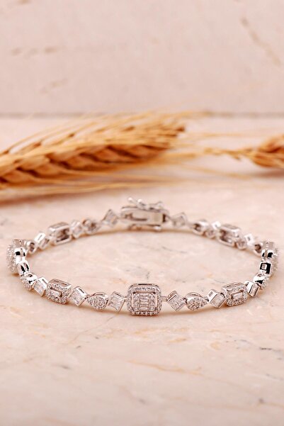Sümer Telkari Baget Pırlanta Montürlü Rodyumlu Gümüş Bileklik 4453