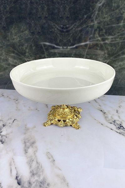 MAY HOME وعاء تقديم السلطة من البورسلين ذو الأرجل الذهبية ووعاء تقديم الطعام من البورسلين ذو الأرجل المعدنية