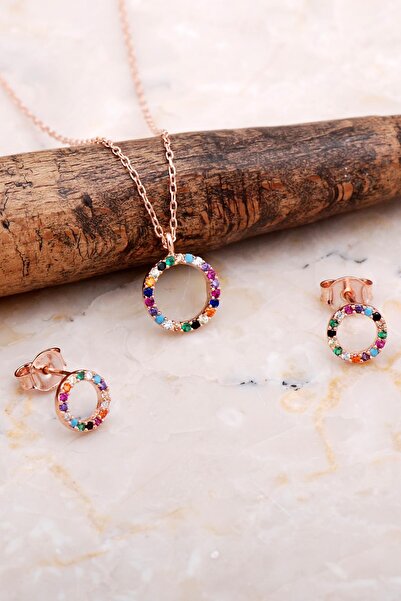 Sümer Telkari Halka Tamtur Mix Taşlı Rose Gümüş Kolye Küpe Seti 2611