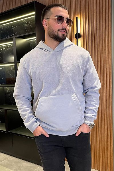 MİSHAR İTALİA Γκρι ανδρικό φούτερ με κουκούλα καγκουρό τσέπης φλις