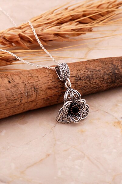 Sümer Telkari Safir Telkari İşlemeli Gümüş Çiçek Kolye 8002