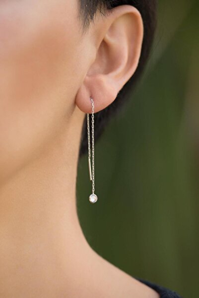 Sümer Telkari Zirkon Taşlı Rodyumlu Gümüş Zincir Küpe 4183