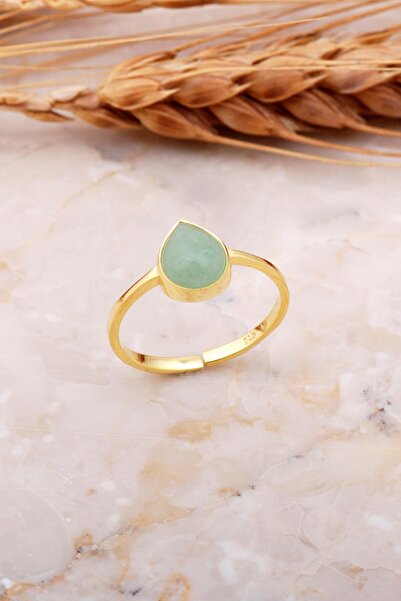 Sümer Telkari Prehnit Taşlı Damla Altın Kaplama Gümüş Yüzük 3655