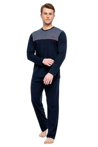 Mod Collection 3900 Men's Navy Blue Patchwork Long Sleeve Pajama Set - dark blue