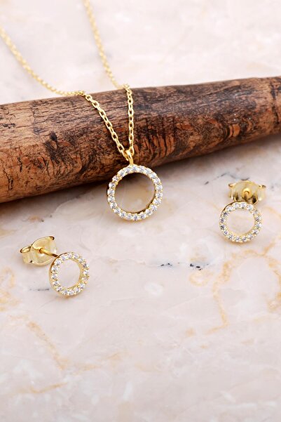 Sümer Telkari Halka Tamtur Taşlı Altın Kaplama Gümüş Kolye Küpe Seti 2612