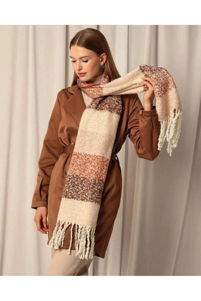 Yağmur Shawl Scarf Thick Soft Fabric Milk Brown Tones Winter Outerwear