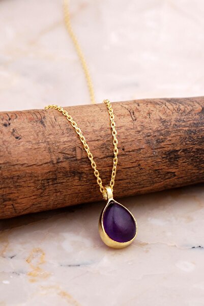 Sümer Telkari Doğal Ametist Taşlı Damla Mini Altın Yaldızlı Gümüş Kolye 7741