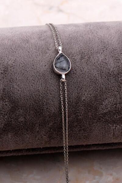 Sümer Telkari Doğal Rutil Kuvars Taşlı Damla Mini Rodyumlu Gümüş Bileklik 4111