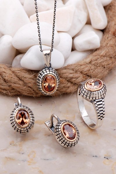 Sümer Telkari Topaz Taşlı Elişi Gümüş Set 2577