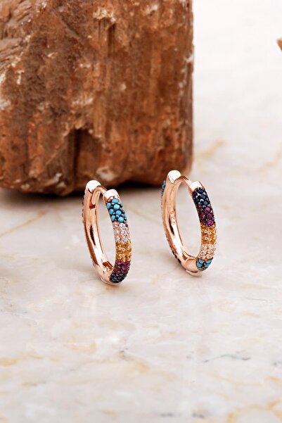 Sümer Telkari 19 Mm Tamtur Taşlı Renkli Rose Gümüş Halka Küpe 7016