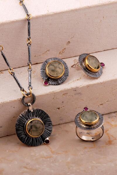 Sümer Telkari Rutil Kuvars Taşlı Çekiç Dövme Elişi Tasarım Gümüş Set 2785