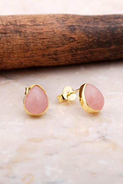 Sümer Telkari Doğal Pembe Kuvars Taşlı Damla Mini Altın Yaldızlı Gümüş Küpe 5847