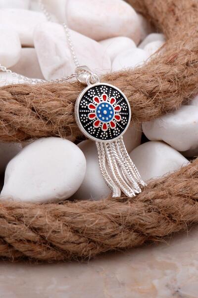 Sümer Telkari Anadolu Motifli Mineli Tasarım Gümüş Kolye 7803