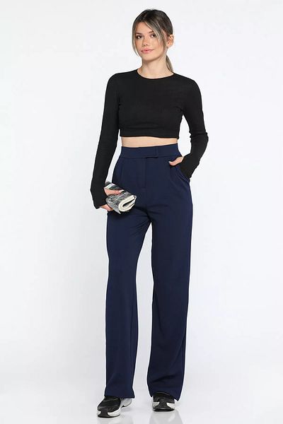 FEMİNEER.com Enter Navy Blue Women's High Waist Velcro Wide Leg Palazzo Trousers