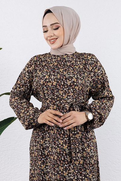 Tesettür Dünyası TSD 240920   Modell Braunes Viskose-Kleid – Buntes Blumenmuster