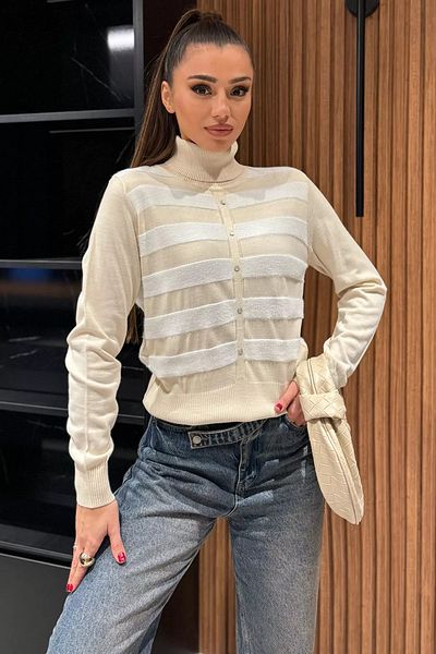 GÜLSELİ Pulover de damă Stone cu gât țesut cu nasturi