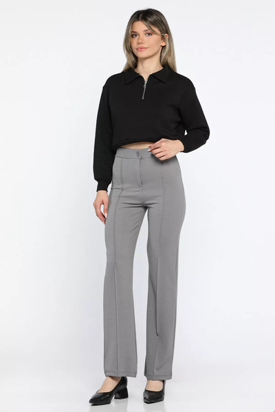 GÜLSELİ Gray Women's High Waist Front Grass Trousers