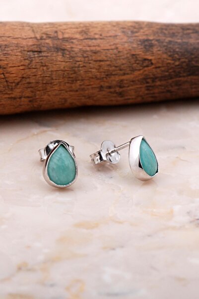 Sümer Telkari Doğal Amazonit Taşlı Damla Mini Rodyumlu Gümüş Küpe 5838