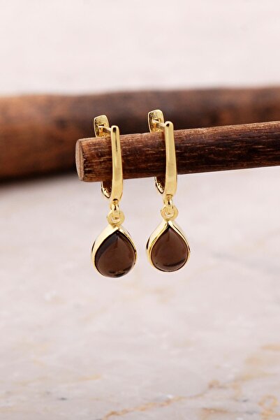 Sümer Telkari Doğal Smoky Taşlı Damla Mini Altın Yaldızlı Gümüş Küpe 5883