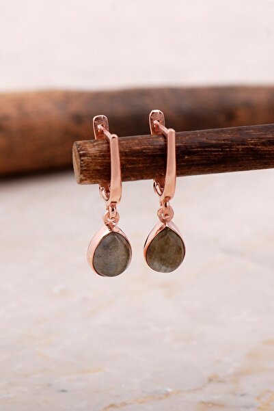 Sümer Telkari Doğal Labradorit Taşlı Damla Mini Rose Gümüş Küpe 5872